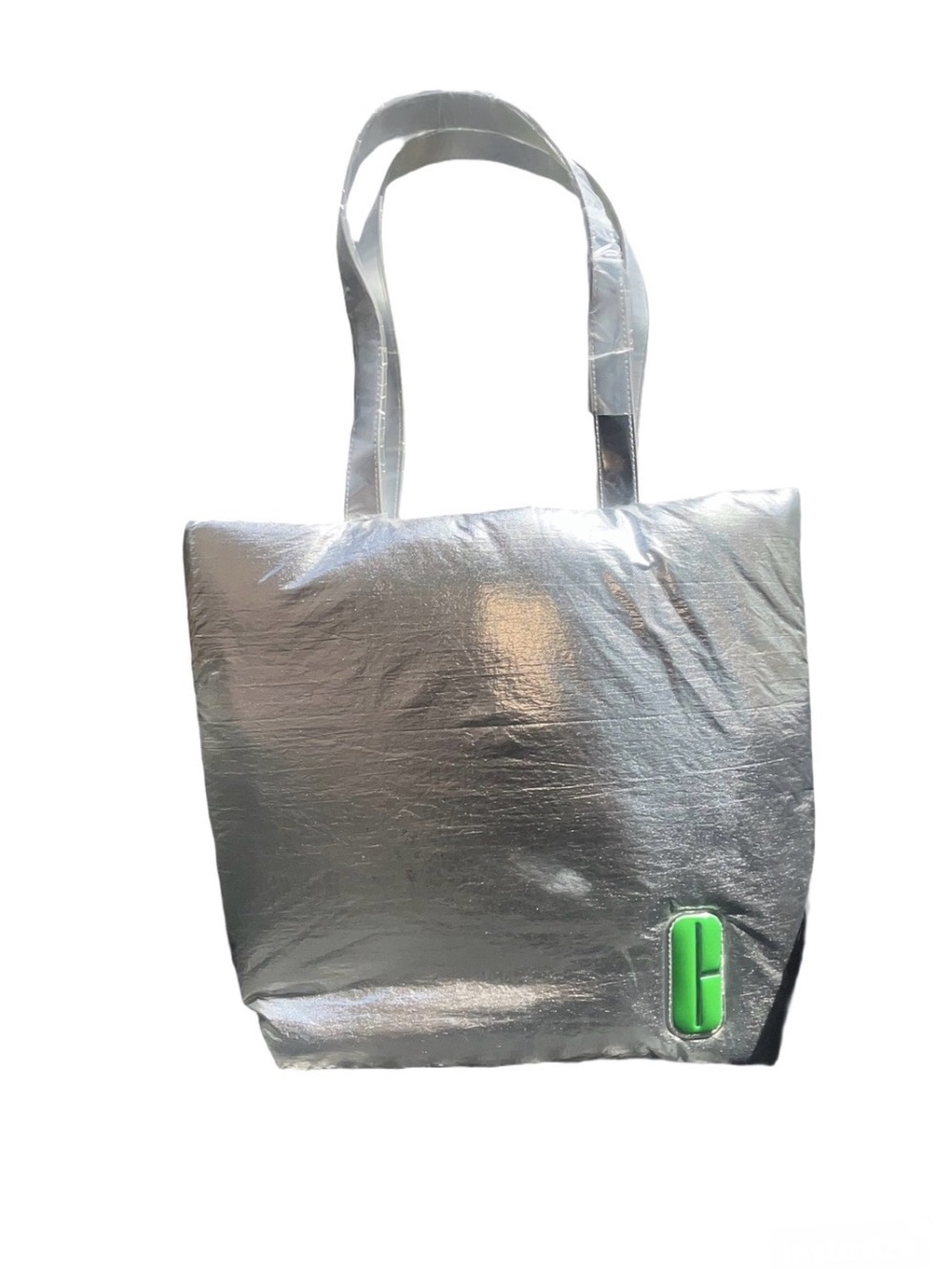 Clinique Metallic Chrome Silver Gym Yoga Tote Bag Green Lining Limited Edition